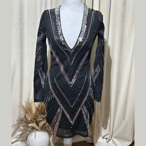 Express Black Sequin Mini Dress – Sexy Bodycon Fit, Long Sleeve, Plunging V-Neck